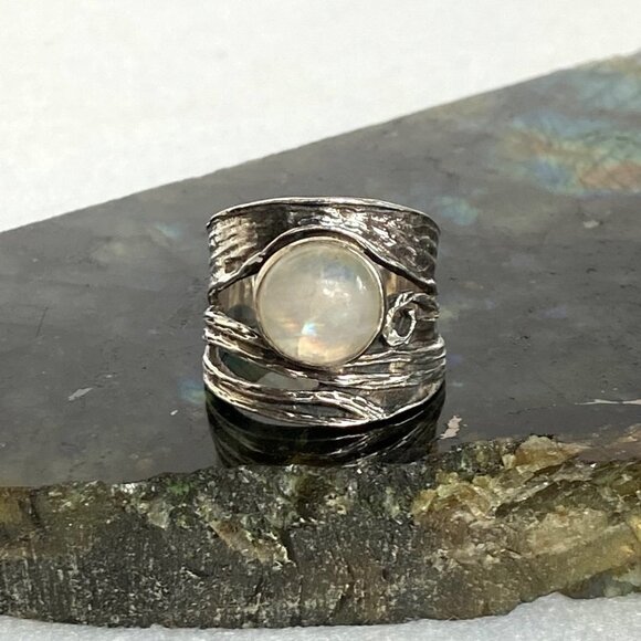 Sterling Silver 925 YS India Modernist Moonstone Wide Band Ring Sz 7.5-7.75 - Picture 1 of 16